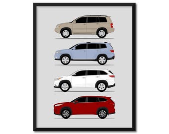 Toyota Highlander Inspired Car Poster (Side Profile) Print Wall Art Decor of XU20 XU40 XU50 XU70 Generations History Evolution AX1