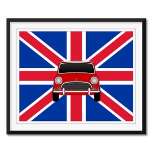 Austin Mini Classic Car (Mini Cooper) on Union Jack Flag Inspired Car Poster Print Wall Art Decor BX5 (Unframed)