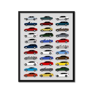 May include: A framed print featuring a collection of various car models in a minimalist style. The cars are depicted in a variety of colors, including red, blue, green, and yellow, against a gray background. The image is a flat illustration of the vehicles.