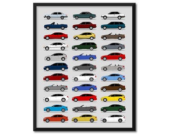 BMW 3 Series and 4 Series Inspired Car Poster (Side Profile) Print Art E21 E30 E36 E90 F30 G20 Generations History Evolution AX1 (Unframed)