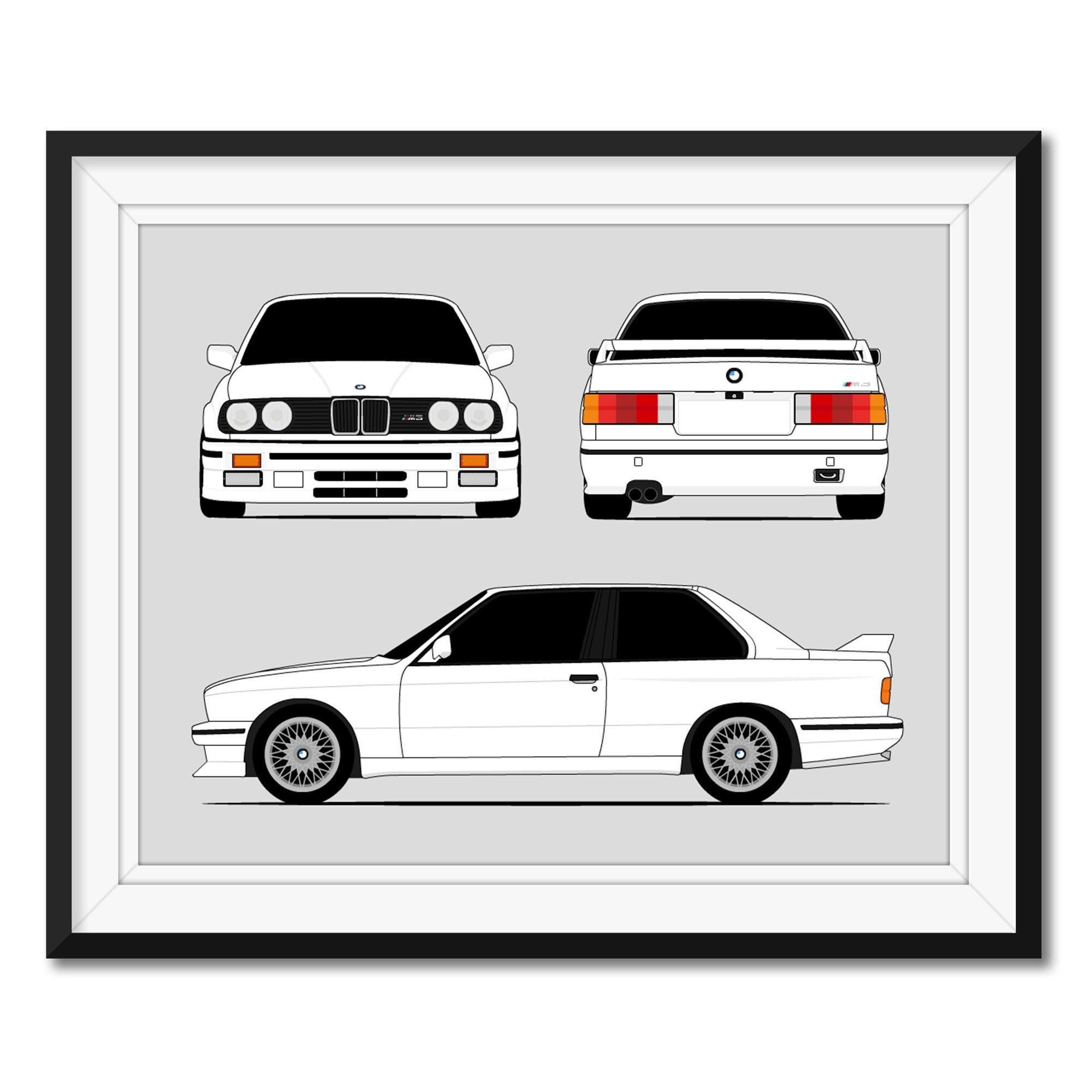 BMW M3 E30 (1986-1991) (front, Rear, Side) Car Poster Print Wall