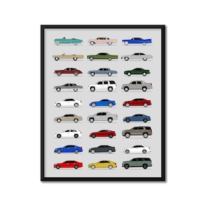 May include: A framed print featuring a collection of vintage car illustrations. The cars are depicted in various colors, including blue, pink, green, and red, against a light gray background. The artwork showcases a variety of classic car models.