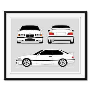 BMW M3 E36 (1995-1999) (Front, Rear, Side) Inspired Car Poster Print Wall Art Decor BMW M Power DX1 (Unframed)
