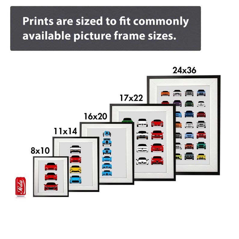 a collection of framed prints, each varying in size, with a focus on the picture frame sizes.
