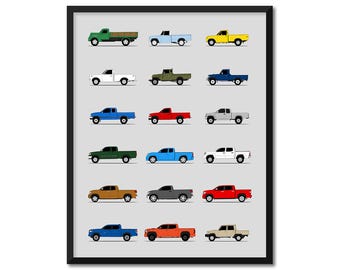 Toyota Pickup Trucks Car Poster (Side Profile) Print of Toyota Pickup Hilux Tundra Tacoma TRD FJ Generations History Evolution AX1
