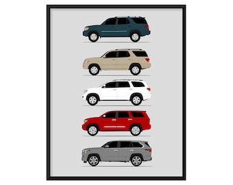 Toyota Sequoia Car Poster (Side Profile) Print Wall Art of Toyota Sequoia XK30 XK40 XK60 XK80 Generations History Evolution AX1