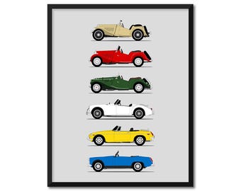MG Sports Cars Inspired (Side Profile) Car Poster Print Wall Art Decor Best of Mg Tc Td Tf MGA MGB Midget History Evolution AX1 (Unframed)