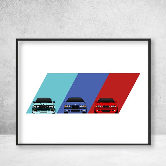 BMW M3 Poster Print Wall Art on BMW Power M Logo Featuring BMW M3 Car Models Generations: E30 M3, E36 M3, E46 M3 BX1