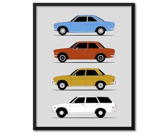 Datsun 510 Car Poster (Side Profile) Print Wall Art Decor Bluebird 1300 1500 1600 Generations History Evolution AX1 (Unframed)