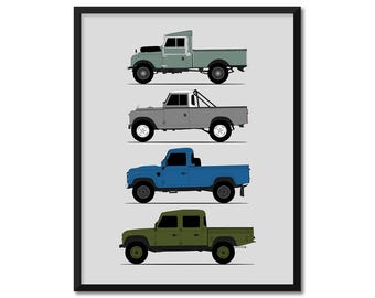Land Rover Defender 130 Pickup Poster (Side Profile) Print Wall Art Series I II III Generations History Evolution AX1 (Unframed)