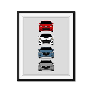 May include: Framed print featuring four different car models in red, white, blue, and gray. Each car is depicted from a front-facing perspective, showcasing their distinct designs and features. The artwork is set against a light gray background.