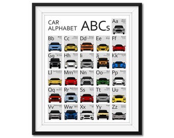 Car Nursery ABC Alphabet Car Poster Print Wall Art for Babies and Kids, 26 Vehicles Covering A to Z BX4 (Unframed)