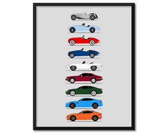 Jaguar Sports Car Car Poster (Side Profile) Print of Jaguar SS100 XK120 XK140 XK150 XJ-S XK-8 XKR Generations History Evolution AX1