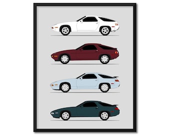 Porsche 928 Poster (Side Profile) Print Art Front Engined Turbo S GTS Cabriolet Generations History Evolution AX1 (Unframed)