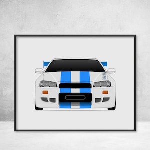 Nissan Skyline GT-R R34 (1998-2002) Fast Furious Car Poster Print Wall Art Brian O'Connor Paul Walker Silver Blue BX5 (Unframed)