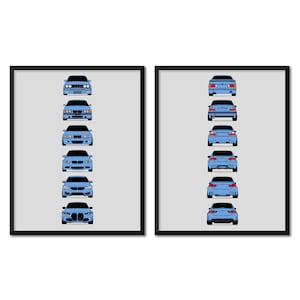 BMW M3 Inspired Car Poster (Front and Rear Set) Print Wall Art History Evolution M3 Generations E30, E36, E46, E92, F80, G80 AX5 (Unframed)