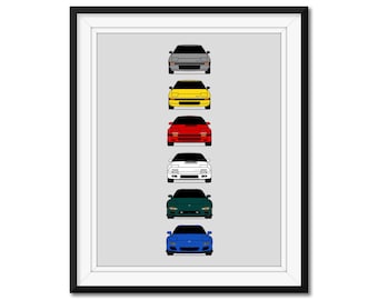 Mazda RX-7 Generations Inspired Car Poster Print Wall Art Decor of the History and Evolution of the Mazda RX7 (fb, FC, FD) AX1 (Unframed)