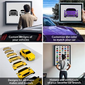 The image is a collage of four photos depicting different aspects of customizing car designs, such as creating custom designs for vehicles, customizing the color of a car to match another car, and displaying a collection of car designs.