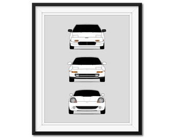 Toyota MR2 (AW10, AW11, SW20, ZZW30) Generations Car Poster Print Wall Art History and Evolution of the Toyota MR2 AX1 (Unframed)