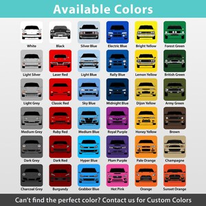 a collection of 16 different car colors, arranged in a grid format. The cars are depicted in various shades and tones, showcasing a range of colors from white to dark orange. The image does not contain any text, and the cars are not described in detail. The phrase "Can't find the perfect color? Contact us for custom colors" is present, suggesting that the image may be a collage of multiple images or a custom color selection for a specific purpose.