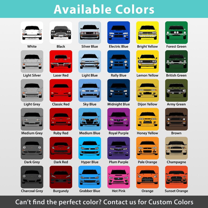 a collection of 16 different car colors, arranged in a grid format. The cars are depicted in various shades and tones, showcasing a range of colors from white to dark orange. The image does not contain any text, and the cars are not described in detail. The phrase "Can't find the perfect color? Contact us for custom colors" is present, suggesting that the image may be a collage of multiple images or a custom color selection for a specific purpose.