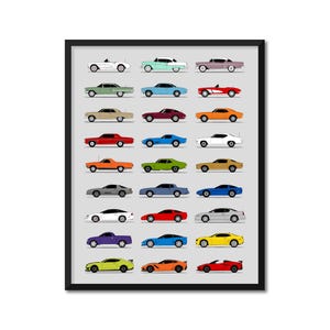 May include: A framed print featuring a grid of classic car illustrations in various colors. The cars are depicted in a flat, minimalist style, showcasing a range of vintage models. The artwork is set against a neutral background.