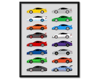 Porsche GT3 Car Poster (Side Profile) Print of the Porsche 911 GT3 RS 4.0 991 992 996 997 Generations History Evolution AX1