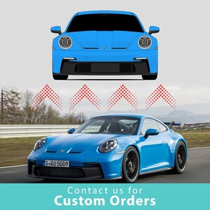 a blue Porsche 911 sports car, with a dotted pattern above it and a dotted pattern below the car. The text below the image reads "Contact us for Custom Orders".