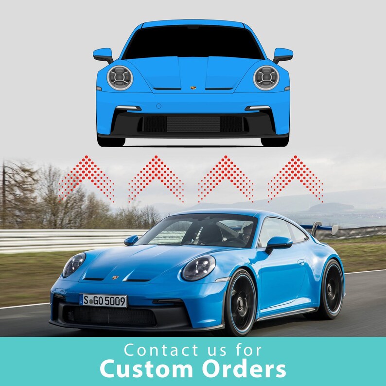 a blue Porsche 911 sports car, with a dotted pattern above it and a dotted pattern below the car. The text below the image reads "Contact us for Custom Orders".