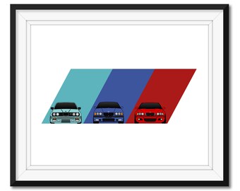 BMW M3 Inspired Car Poster Print Wall Art on BMW Power M Logo Featuring BMW M3 Car Models Generations: E30 M3, E36 M3, E46 M3 BX1 (Unframed)