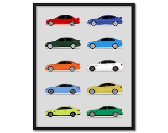 BMW M3 BMW M4 Car Poster (Side Profile) Print Art E30 E36 E46 E90 E92 F80 F82 G80 G82 Generations History Evolution AX1 (Unframed)