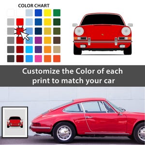 The image is a collage of two main elements: a color chart and a red sports car. The color chart displays various colors, and the red sports car is shown in a close-up view. The text in the image instructs to customize the color of each print to match the car, and it also includes a caption that reads "Customize the Color of each print to match your car".