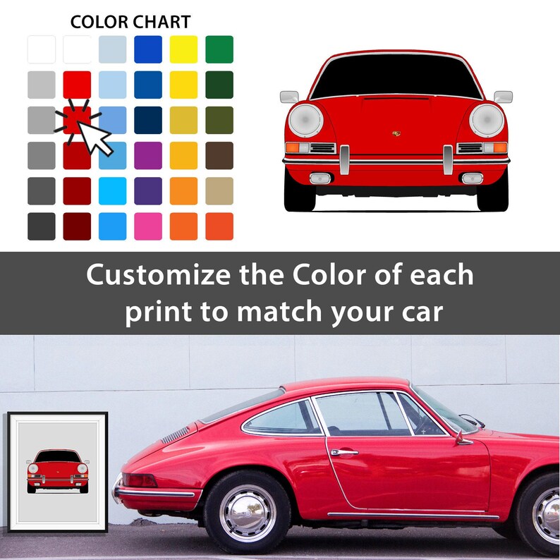 The image is a collage of two main elements: a color chart and a red sports car. The color chart displays various colors, and the red sports car is shown in a close-up view. The text in the image instructs to customize the color of each print to match the car, and it also includes a caption that reads "Customize the Color of each print to match your car".