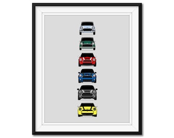 Mini Cooper Generations Inspired Car Poster Print Wall Art History and Evolution (British Austin Morris Mini) AX1 (Unframed)