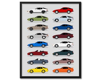 Porsche Front Engine 924 928 944 968 Car Poster (Side Profile) Print Wall Art of the History and Evolution of Porsche AX1 (Unframed)