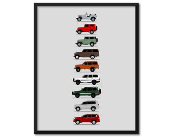 Toyota Land Cruiser Station Wagon Inspired Car Poster (Side Profile) Print of BJ FJ25 FJ40 55 60 Series Generations History Evolution AX1