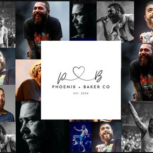 Może przedstawiać: Kolaż zdjęć przedstawiający zespół z logo, które brzmi "Phoenix + Baker Co. Est. 2024". Logo jest w czerni i bieli z symbolem serca.