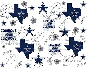 May include: A white background with a repeating pattern of blue and white stars, grey flowers, and a blue outline of the state of Texas. The text "PHOENIX + BAKER CO EST 2024" and "COWBOYS" are repeated throughout the pattern.