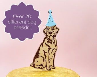 Party Dog Wooden Cake Topper with Acrylic Hat for Birthday Boy Girl Party Different Breeds