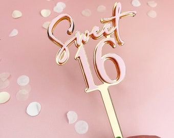 Sweet 16 Acrylic Cake Topper Personalised Happy Birthday Frosted Gold Custom Pink Matte Party