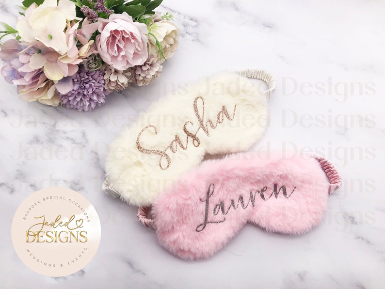 Personalised Fluffy Sleeping Eye Glitter Face Mask with Name, Silk, Satin image 1