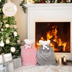 Christmas Personalised Name Present Sack Velvet Grey or Pink with White Fluffy Pom Poms Gift Bag Tree Santa Father Glitter Silver Gold