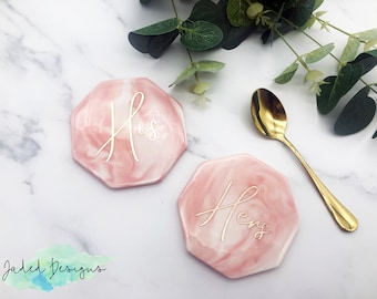 Pink Marble Octagon Coasters, Personalised Coasters Wedding Favours, Hostess Thank You Gift Bridal Shower Favours, Blush Pink Decor