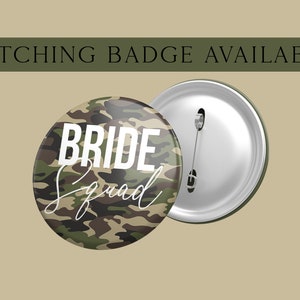 Camo camoflauge army military forces wife services theme matching badge. Personalised name wording bride hen do bacheloreete birthday party baby shower gender reveal green brown glitter gold silver rose gold black satin
