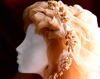Vintage 1930s French Wax Flower Crown, Beige Tulle, Bridal Tiara