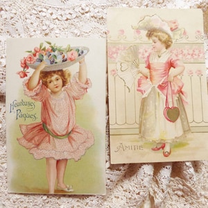 2 Cartões postais antigos Linguagem das flores 1900 - cartão francês vintage - em relevo - scrapbooking - efêmera - cartões vintage - Meninas de rosa