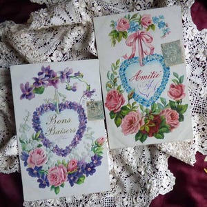 2 Antique French postcards 1900s Victorian style - scrapbooking - ephemera - Langage des Fleurs Embossed - Roses - Violets - Forget-me-nots