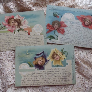 3 cartoline postali antiche del 1890. Fiori vittoriani - enfants fleurs - Langage des Fleurs - scrapbooking - lotto di cartoline vintage - fiori per bambini
