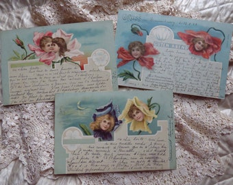 3 Antique postacrds 1890s. Victorian flowers - enfants fleurs - Langage des Fleurs - scrapbooking - vintage postcards lot -children flowers