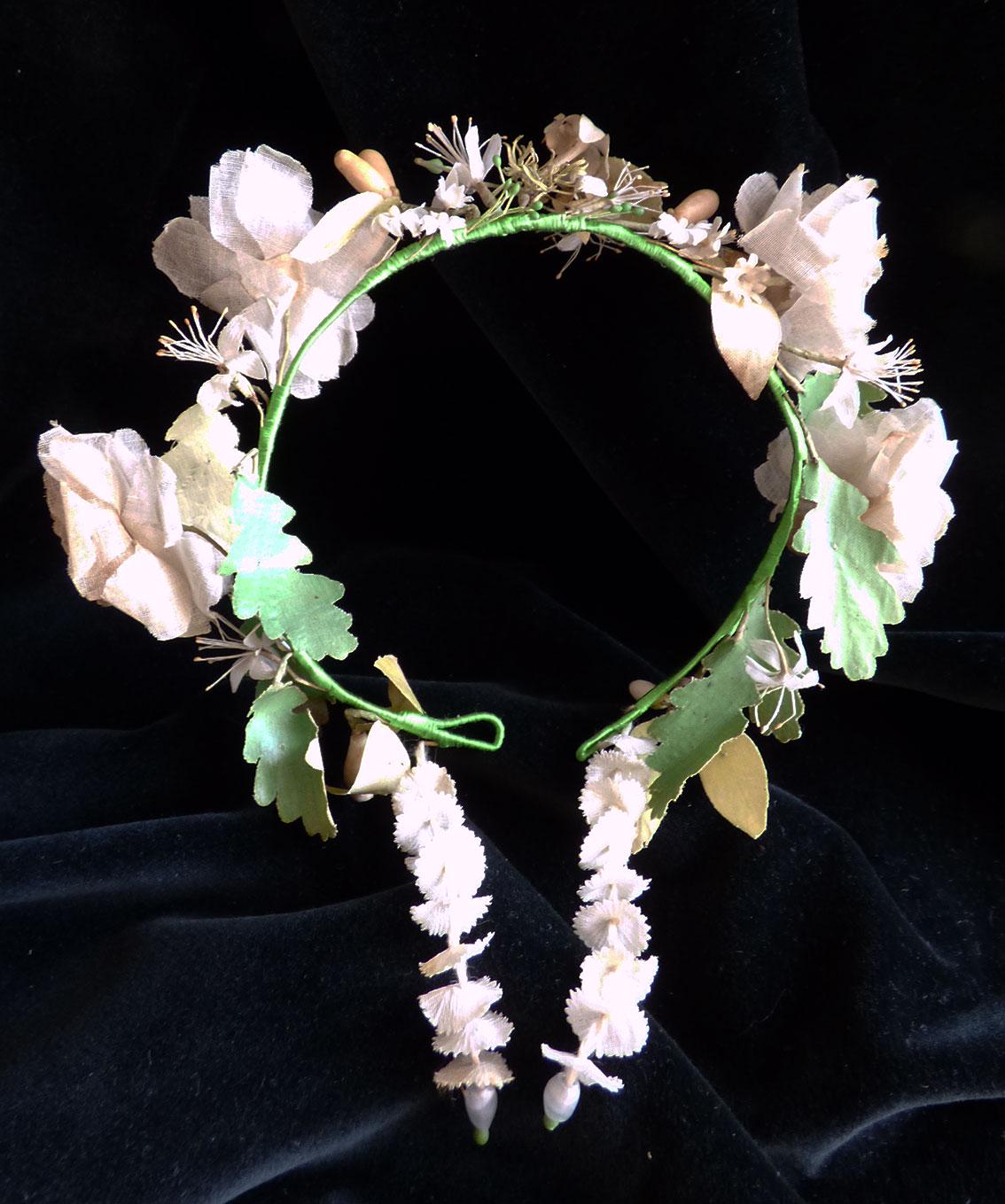 Antique French Floral Crown: White Cotton Flowers, Wax Buds, Child Size…